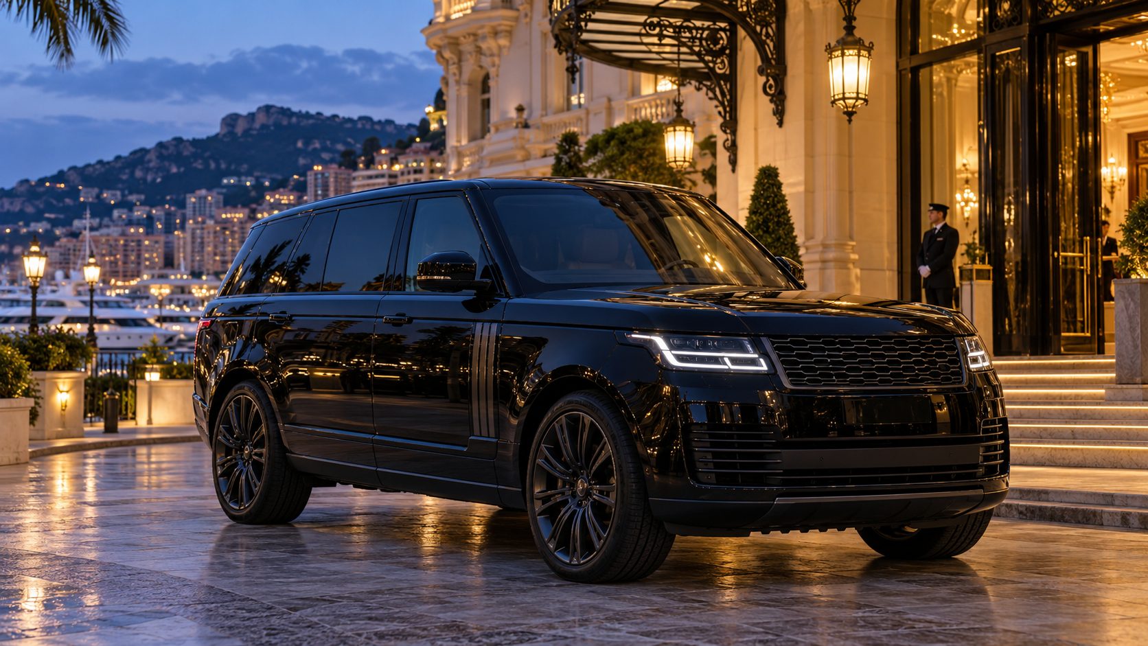 Black luxury armoured SUV outside a Monaco hotel