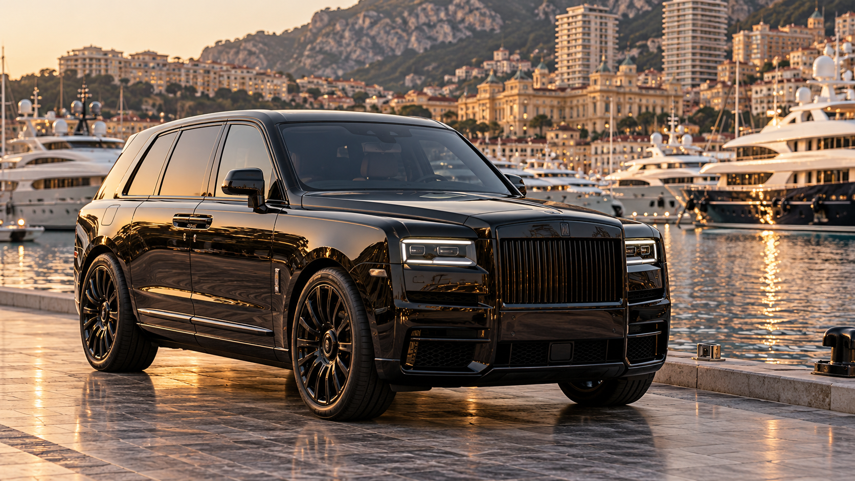 Black ultra-luxury armoured SUV beside Monaco harbour