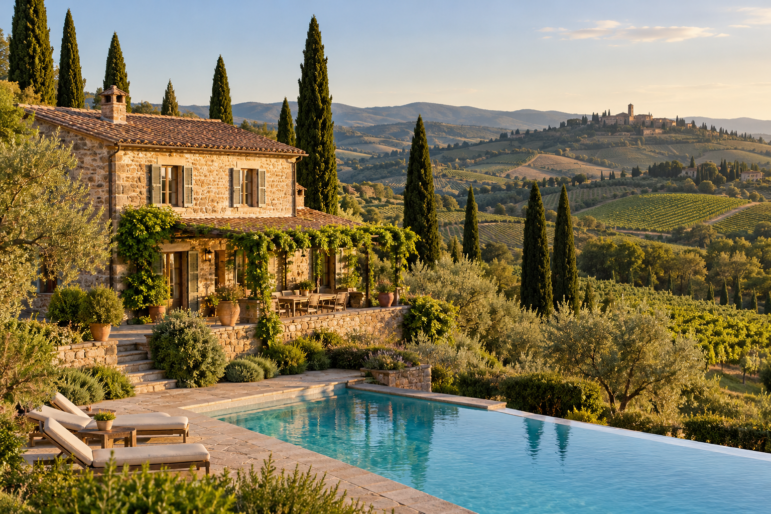 Illustrative Tuscan stone house with a pool, cypress trees and vineyard views
